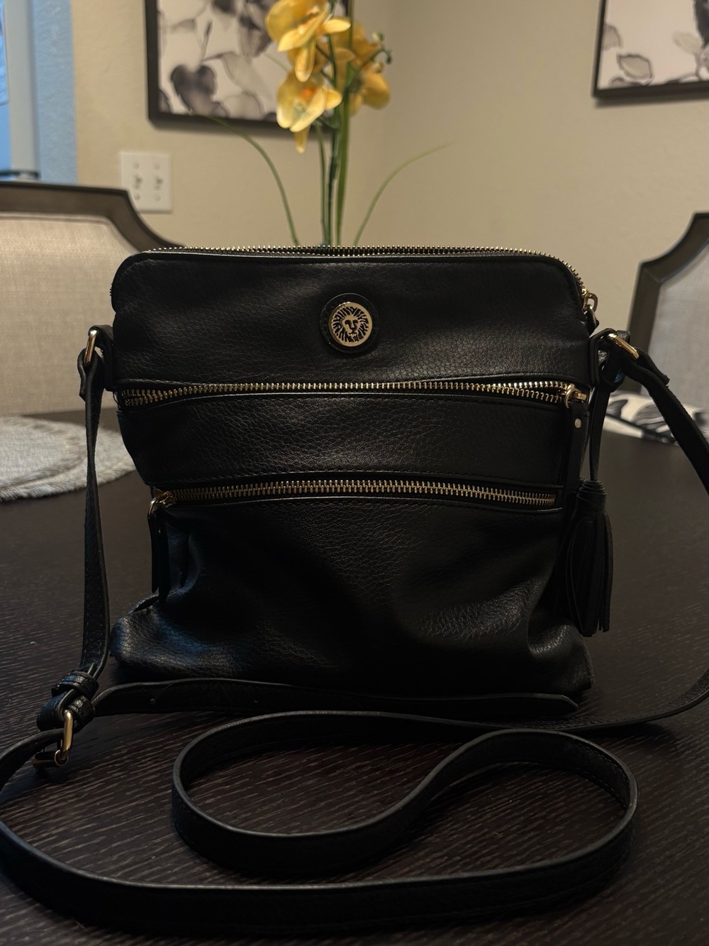 Anne Klein Sport Black and Gold Crossbody with Tassel